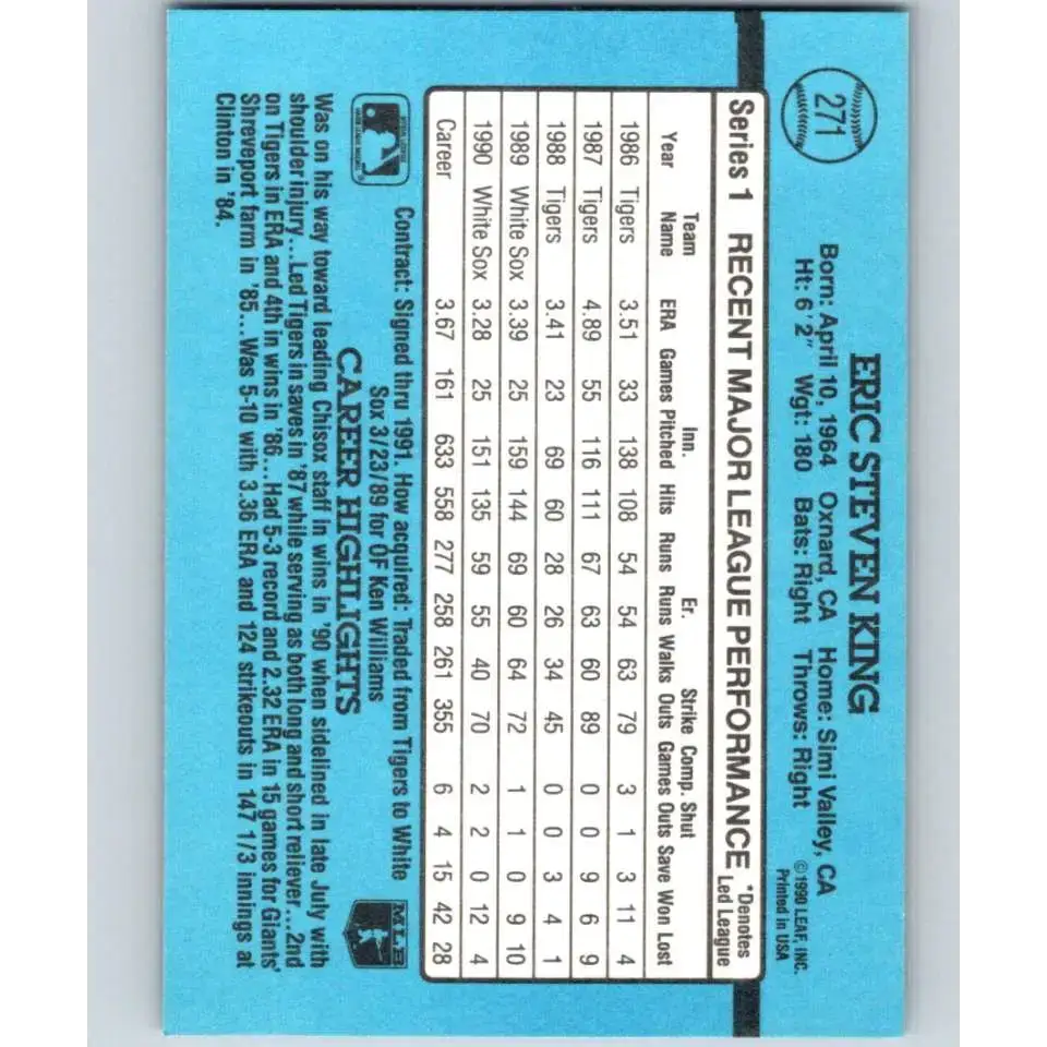 1991 Donruss #271 Eric King NM-MT Chicago White Sox Baseball Card - Baseball Card Single