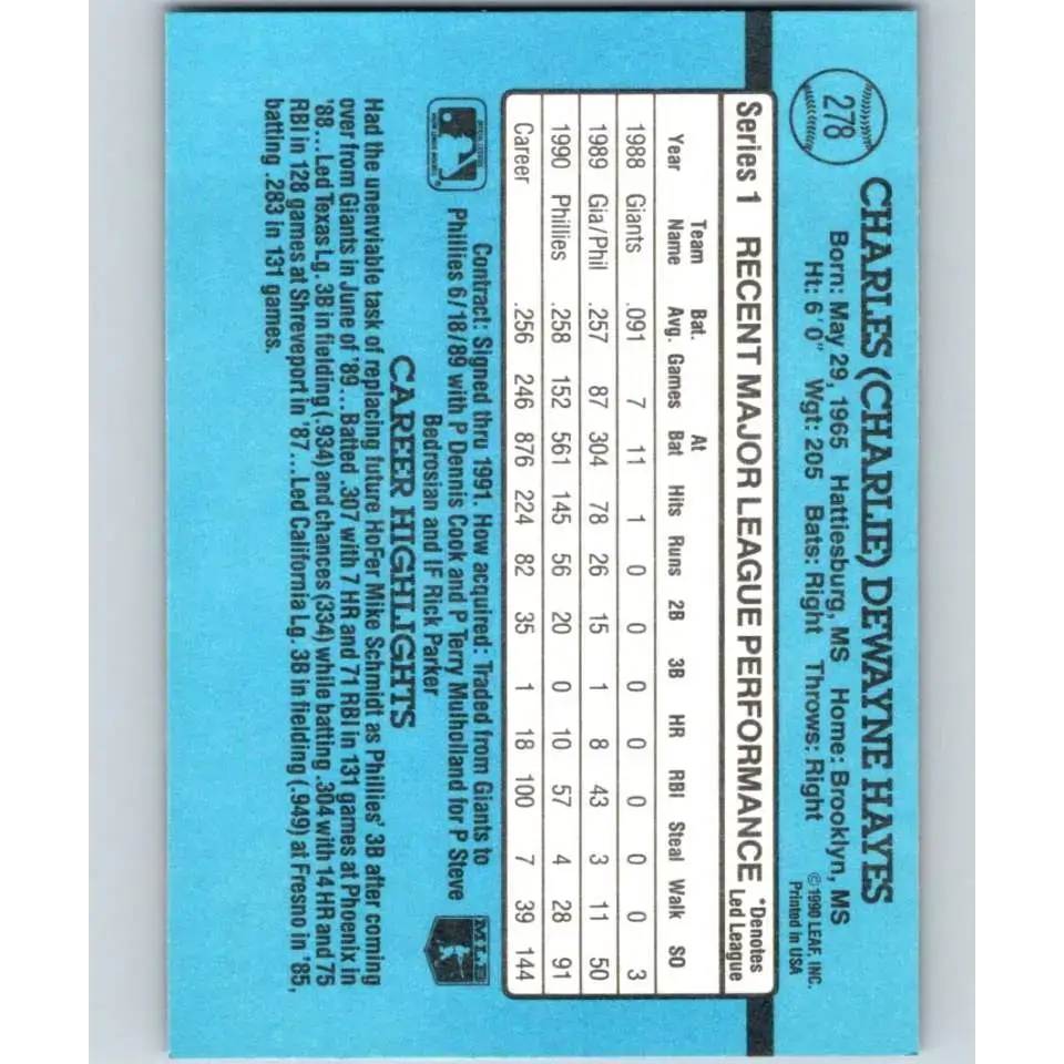 1991 Donruss #278 Charlie Hayes NM-MT Philadelphia Phillies Baseball Card - Baseball Card Single