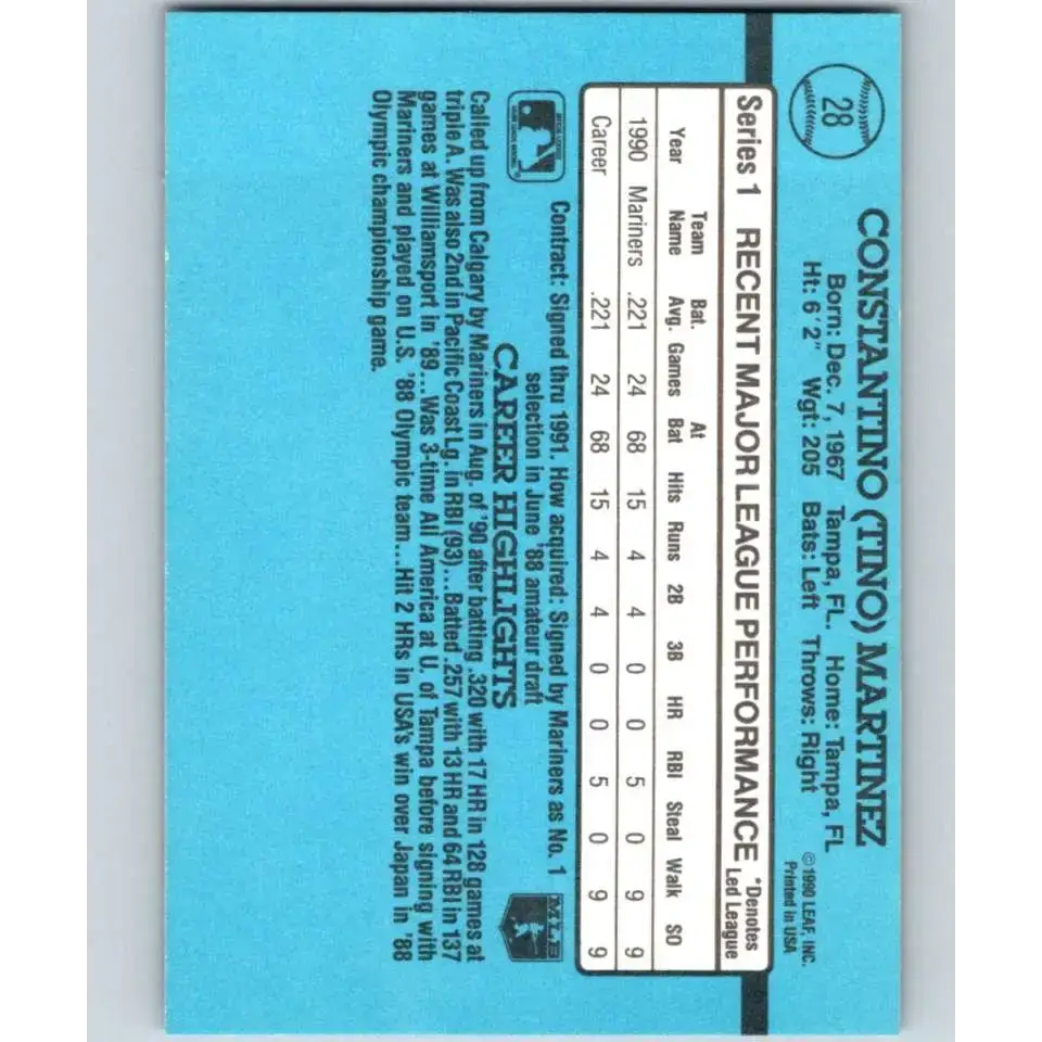 1991 Donruss #28 Tino Martinez RR NM-MT Seattle Mariners Baseball Card - Baseball Card Single
