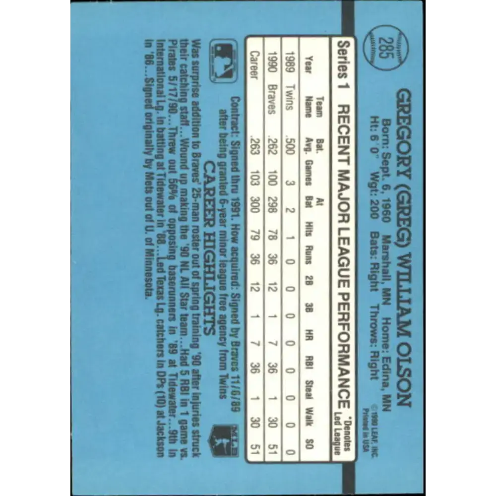 1991 Donruss #285 Greg Olson NM-MT Atlanta Braves Baseball Card - Baseball Card Single