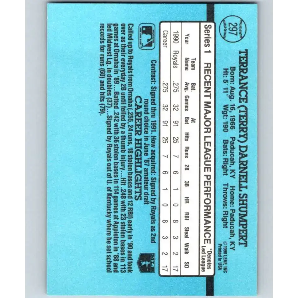 1991 Donruss #297 Terry Shumpert NM-MT Kansas City Royals Baseball Card - Baseball Card Single