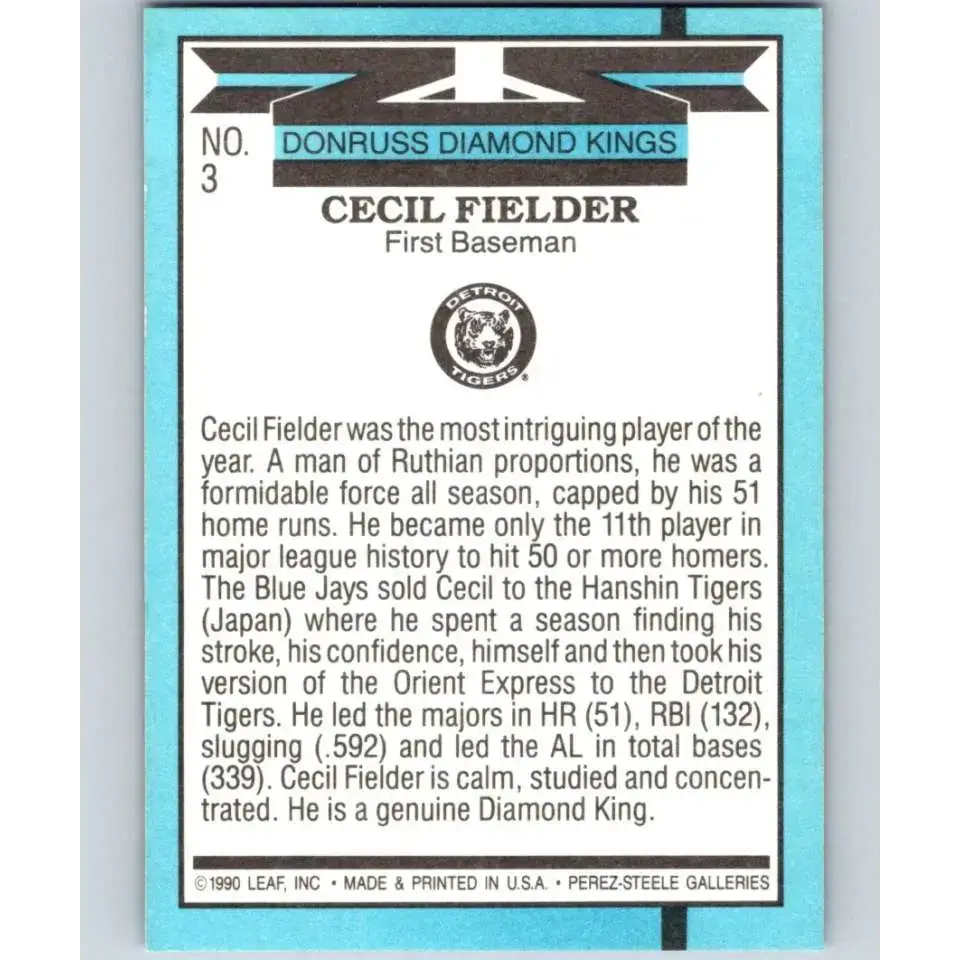 1991 Donruss #3 Cecil Fielder DK NM-MT Detroit Tigers Baseball Card - Baseball Card Single
