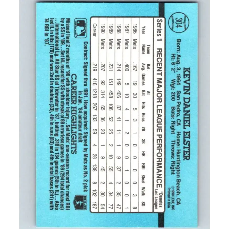 1991 Donruss #304 Kevin Elster NM-MT New York Mets Baseball Card - Baseball Card Single