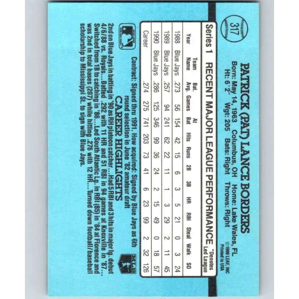 1991 Donruss #317 Pat Borders NM-MT Toronto Blue Jays Baseball Card - Baseball Card Single