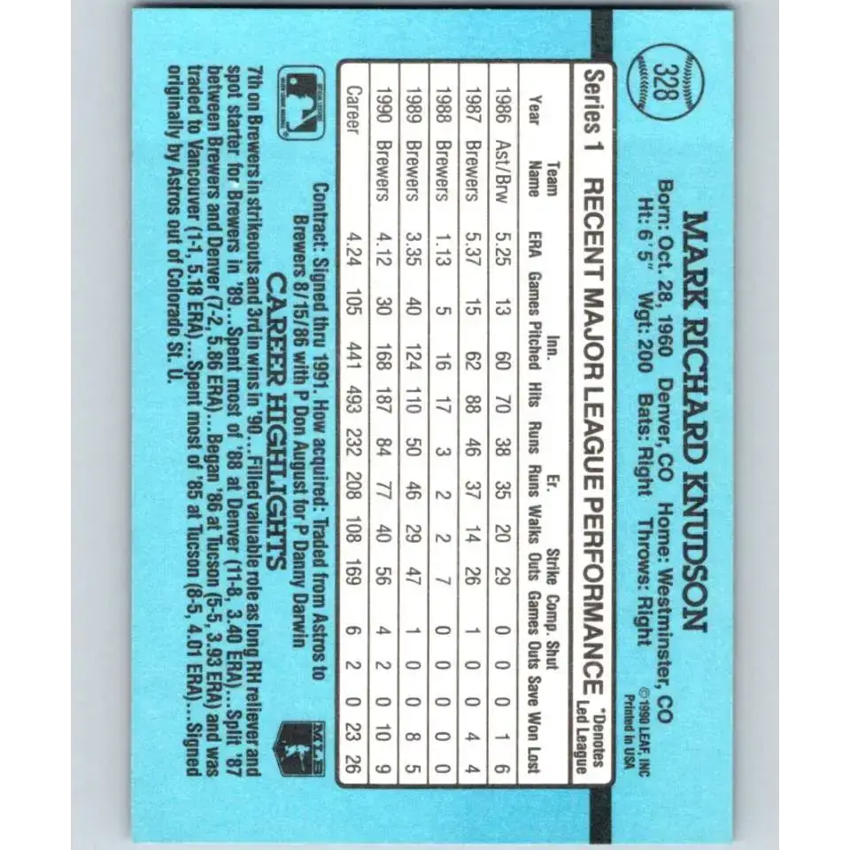 1991 Donruss #328 Mark Knudson NM-MT Milwaukee Brewers Baseball Card - Baseball Card Single