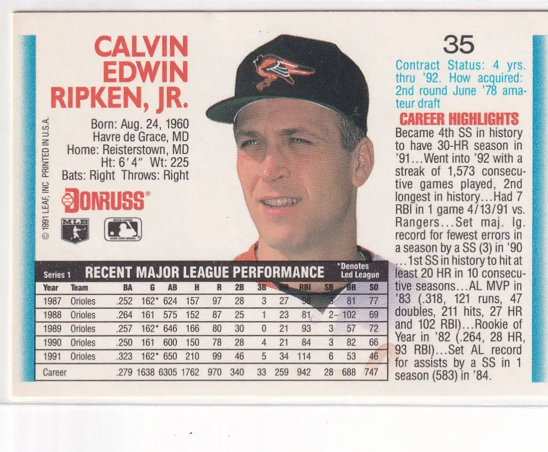 1991 DONRUSS #35 CAL RIPKEN JR- BALTIMORE ORIOLES - Baseball Card Single