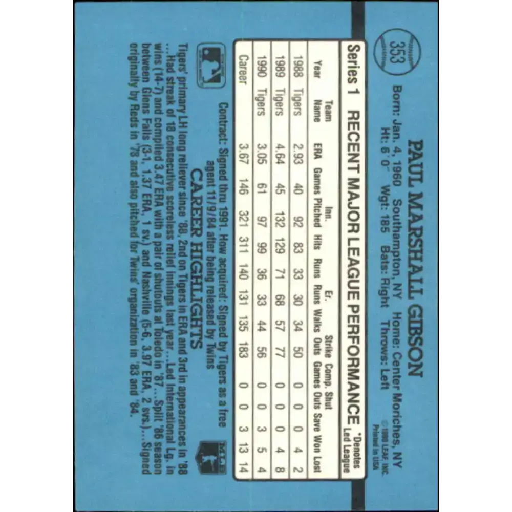 1991 Donruss #353 Paul Gibson NM-MT Detroit Tigers Baseball Card - Baseball Card Single