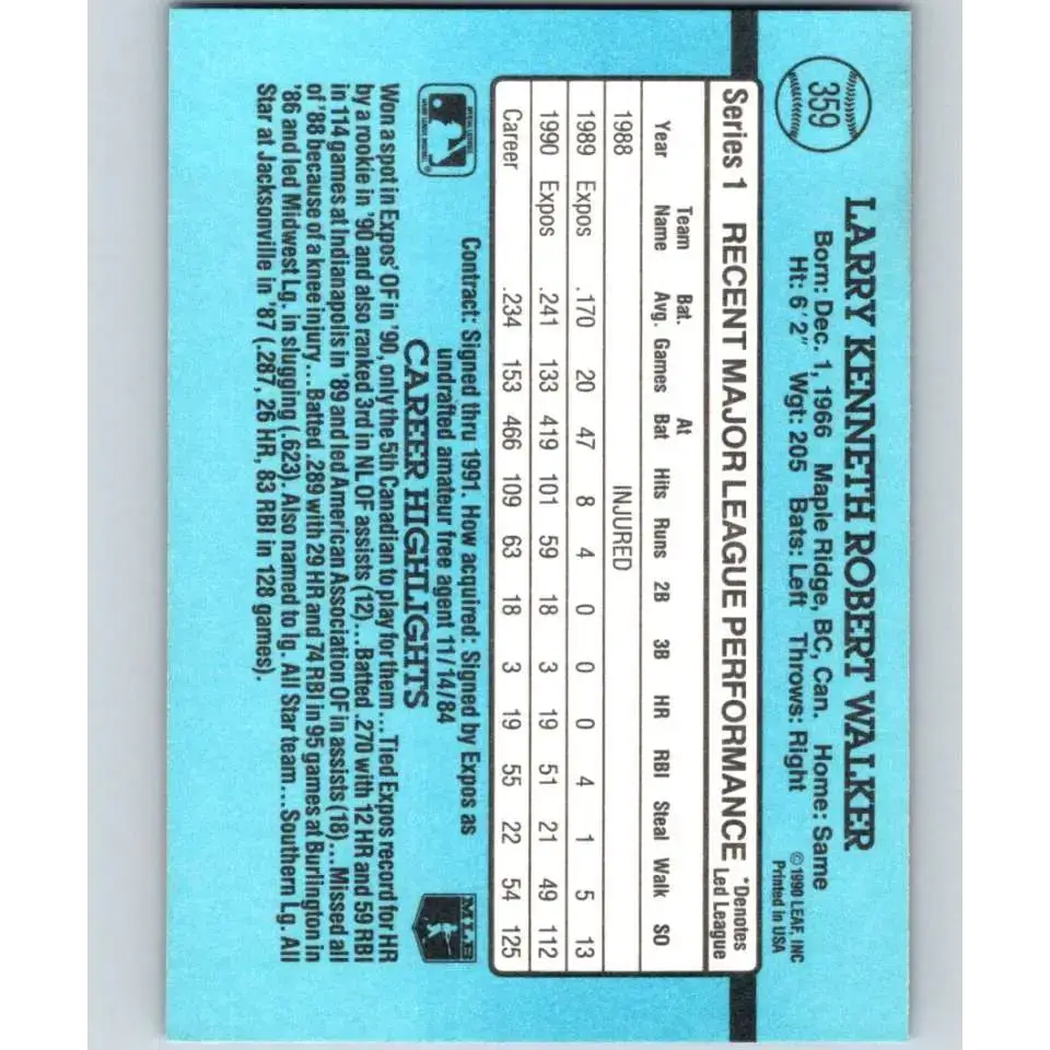 1991 Donruss #359 Larry Walker NM-MT Montreal Expos Baseball Card - Baseball Card Single
