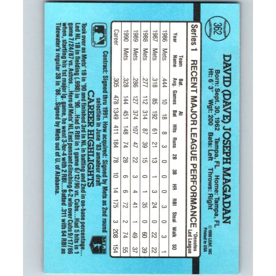 1991 Donruss #362 Dave Magadan NM-MT New York Mets Baseball Card - Baseball Card Single