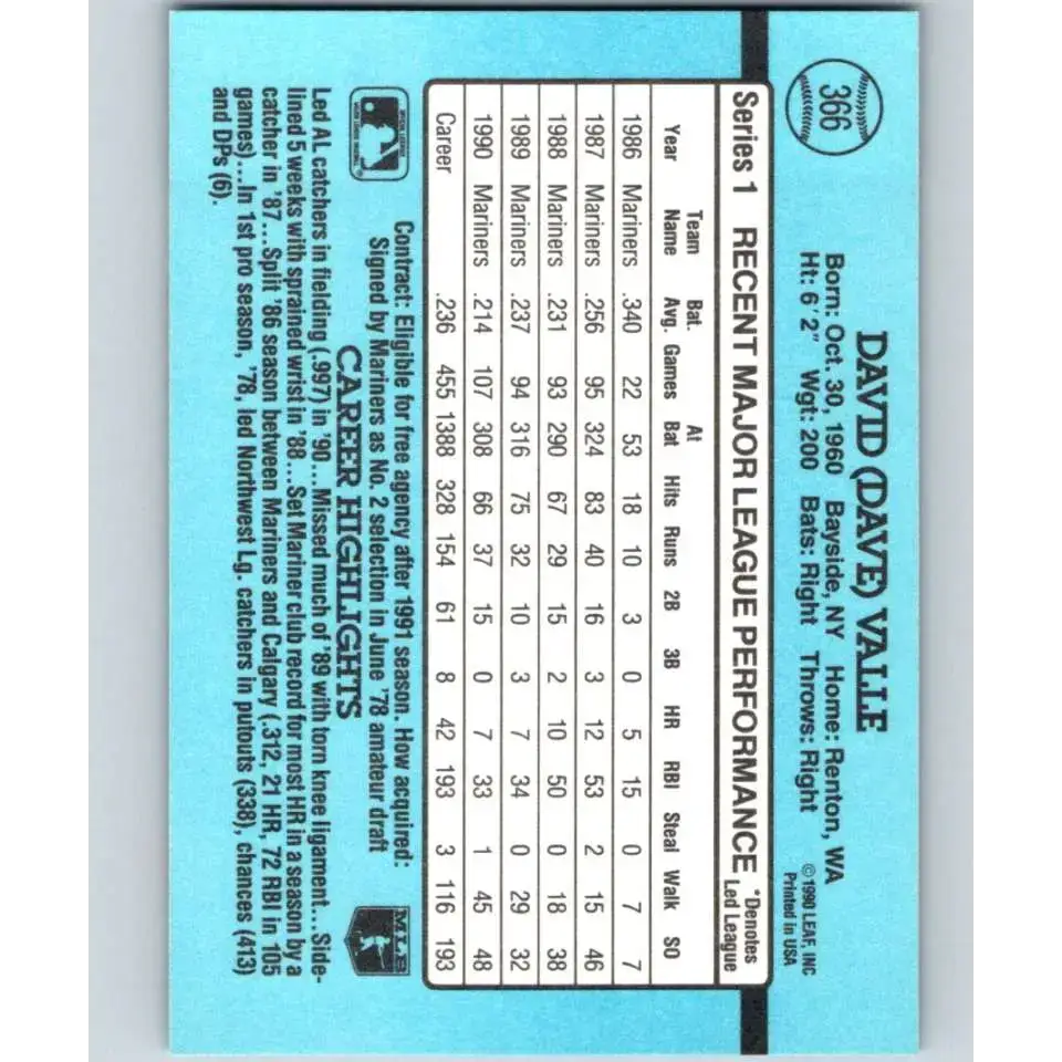 1991 Donruss #366 Dave Valle NM-MT Seattle Mariners Baseball Card - Baseball Card Single