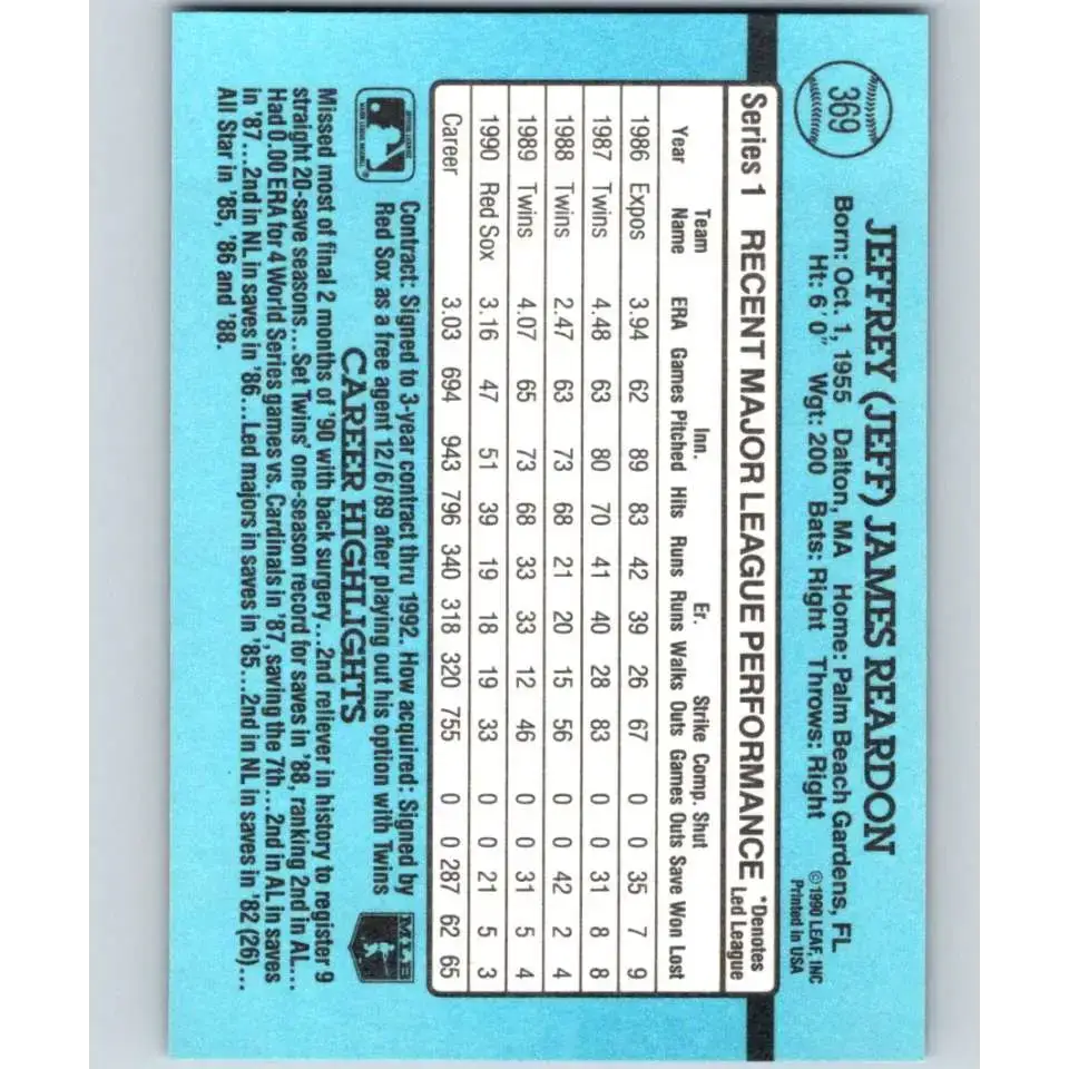 1991 Donruss #369 Jeff Reardon UER NM-MT Boston Red Sox Baseball Card - Baseball Card Single