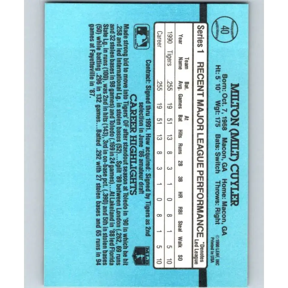 1991 Donruss #40 Milt Cuyler RR NM-MT Detroit Tigers Baseball Card - Baseball Card Single