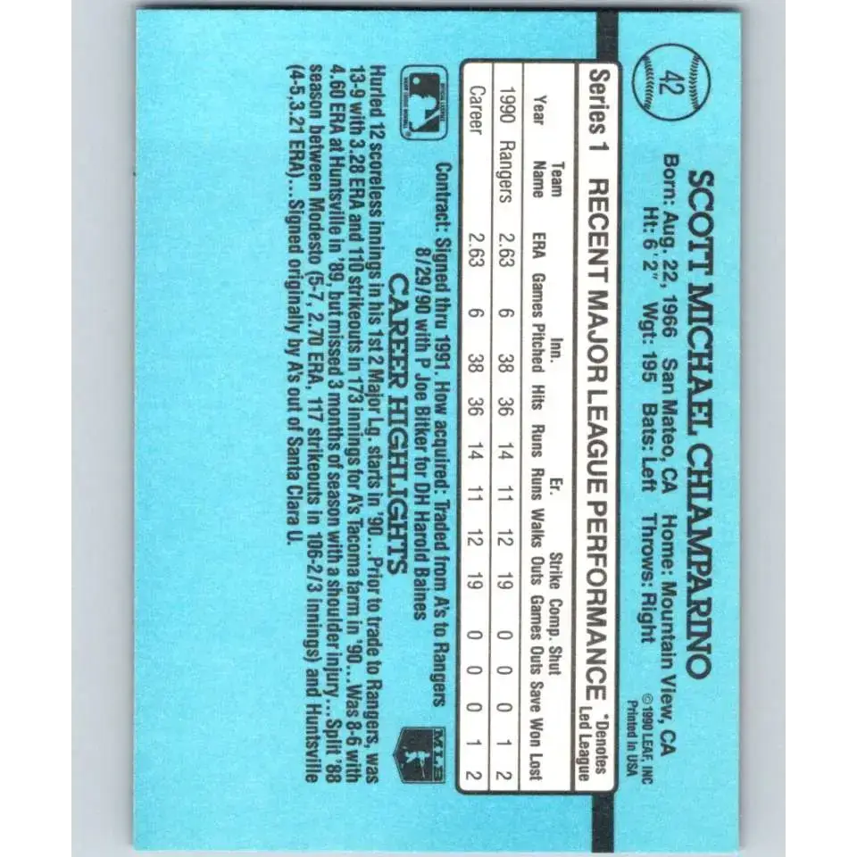 1991 Donruss #42 Scott Chiamparino RR NM-MT Texas Rangers Baseball Card - Baseball Card Single