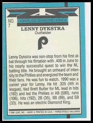 1991 Donruss #7 Len Dykstra - Baseball Card Single