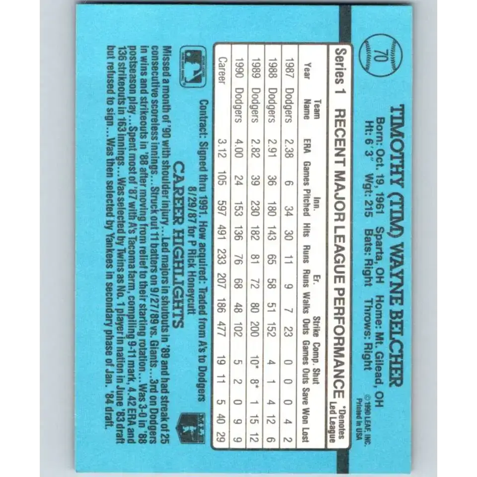 1991 Donruss #70 Tim Belcher NM-MT Los Angeles Dodgers Baseball Card - Baseball Card Single