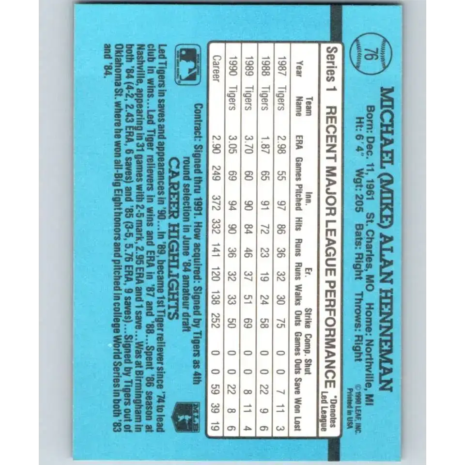 1991 Donruss #76 Mike Henneman NM-MT Detroit Tigers Baseball Card - Baseball Card Single