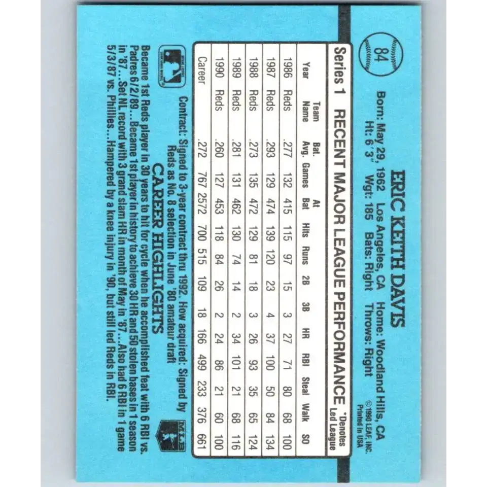 1991 Donruss #84 Eric Davis NM-MT Cincinnati Reds Baseball Card - Baseball Card Single