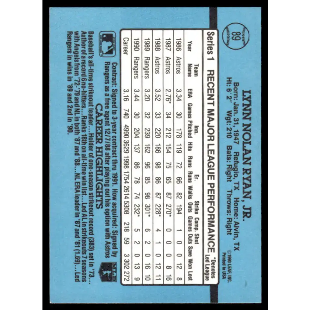1991 Donruss #89 Nolan Ryan EX/NM Texas Rangers Baseball Card - Baseball Card Single