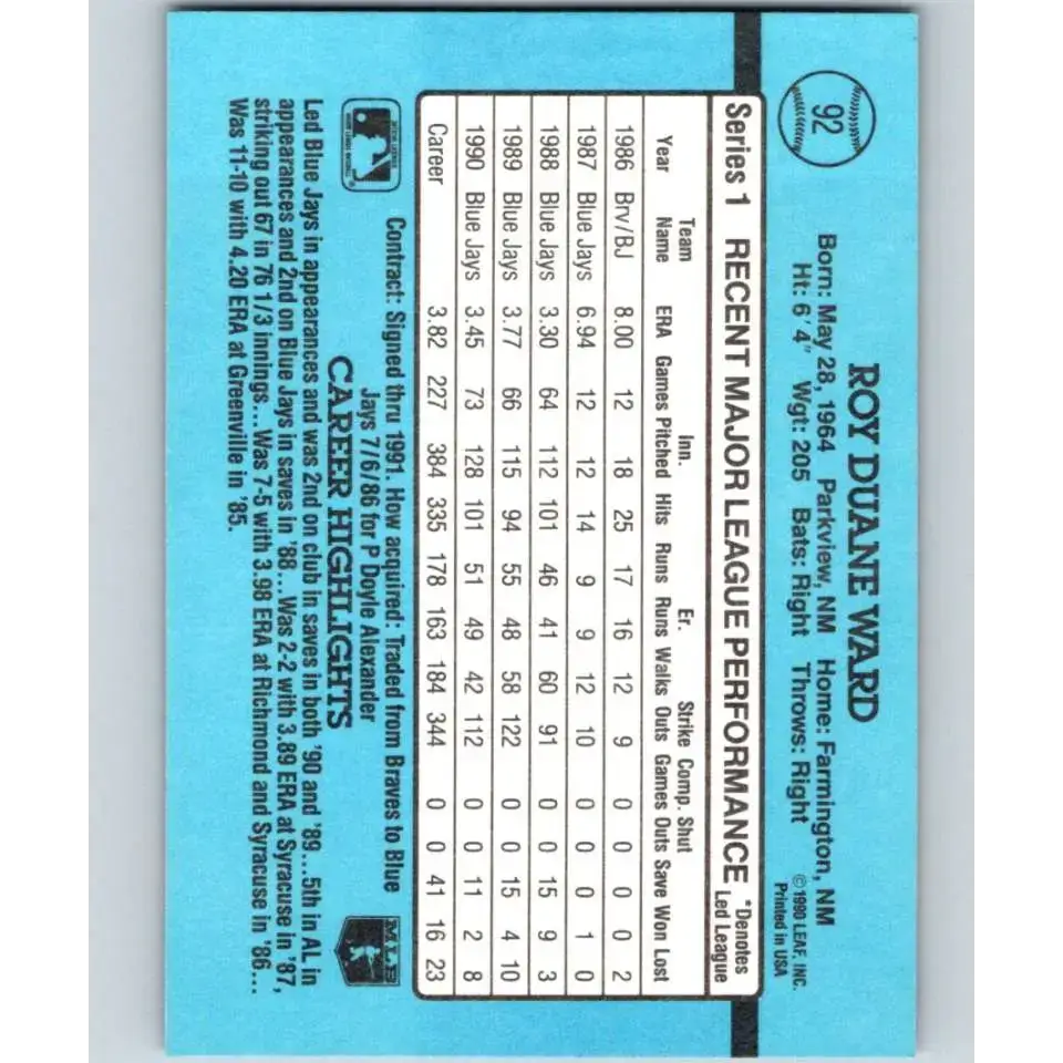 1991 Donruss #92 Duane Ward NM-MT Toronto Blue Jays Baseball Card - Baseball Card Single