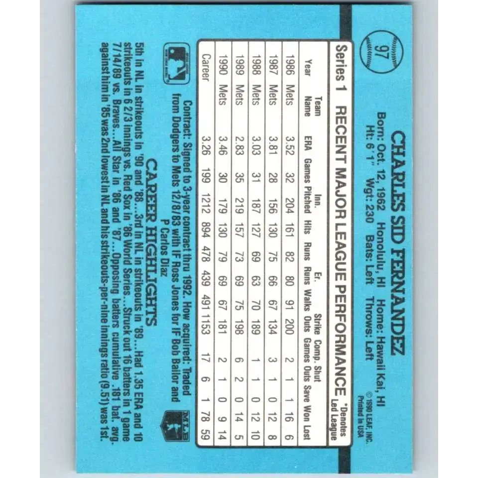 1991 Donruss #97 Sid Fernandez NM-MT New York Mets Baseball Card - Baseball Card Single