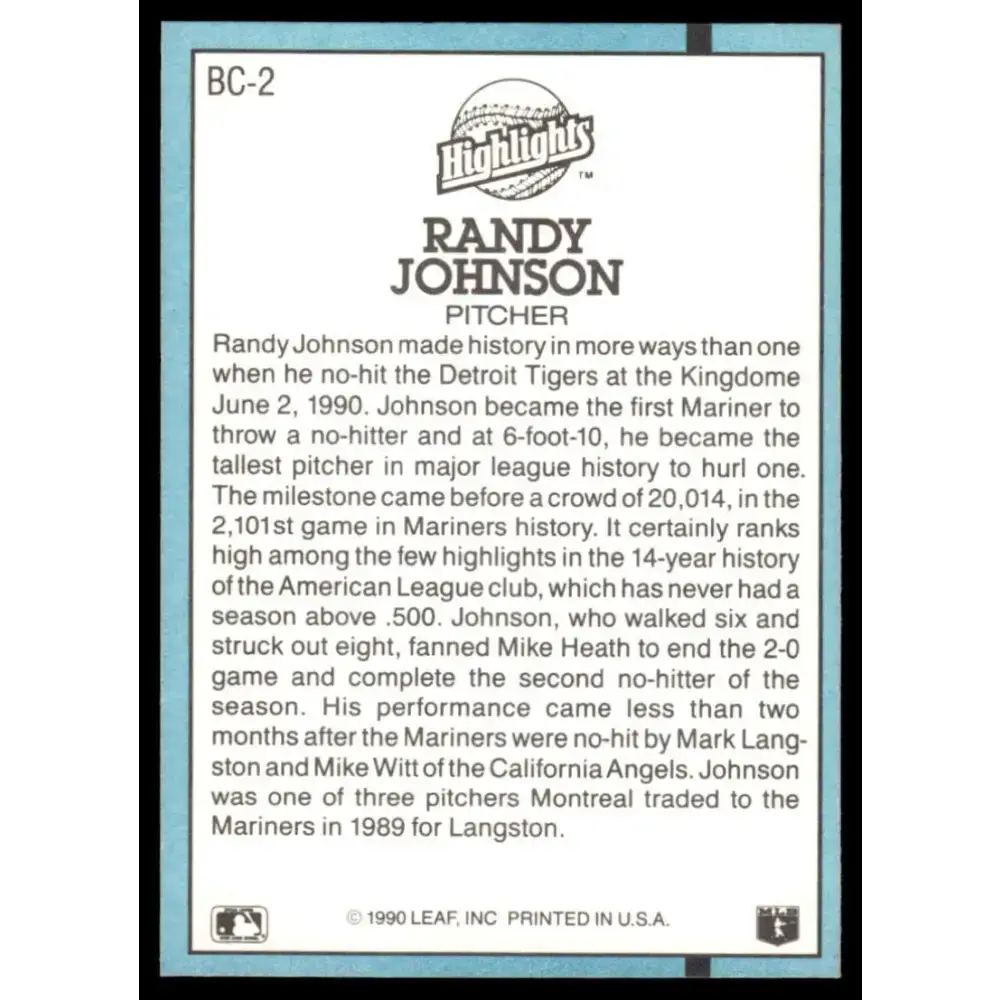 1991 Donruss #BC-2 Randy Johnson EX/NM Seattle Mariners Baseball Card - Baseball Card Single