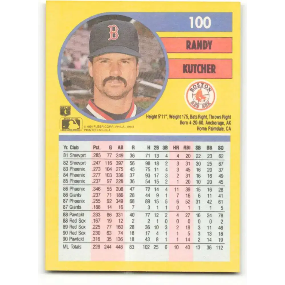 1991 Fleer #100 Randy Kutcher NM-MT Boston Red Sox Baseball Card - Baseball Card Single