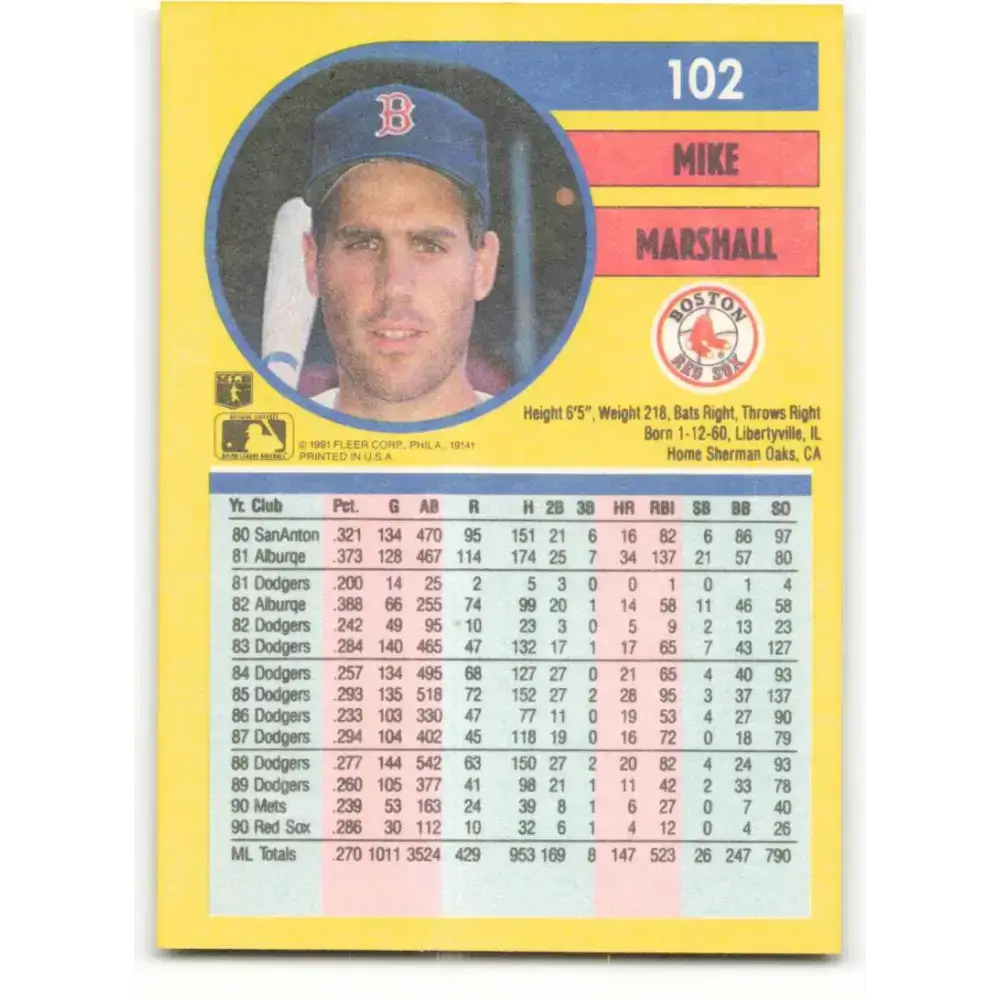 1991 Fleer #102 Mike Marshall NM-MT Boston Red Sox Baseball Card - Baseball Card Single