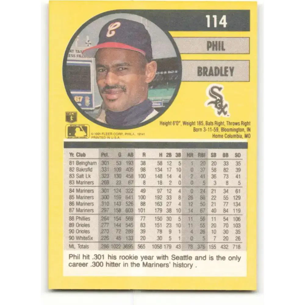 1991 Fleer #114 Phil Bradley NM-MT Chicago White Sox Baseball Card - Baseball Card Single