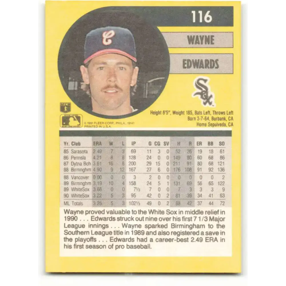 1991 Fleer #116 Wayne Edwards NM-MT Chicago White Sox Baseball Card - Baseball Card Single