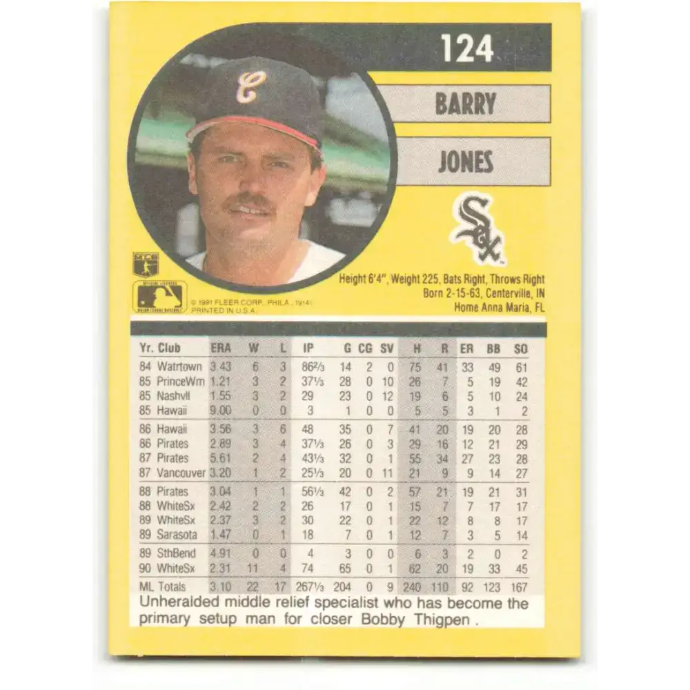 1991 Fleer #124 Barry Jones NM-MT Chicago White Sox Baseball Card - Baseball Card Single