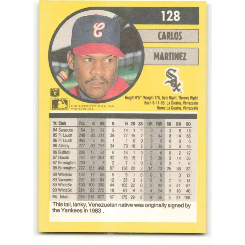 1991 Fleer #128 Carlos Martinez NM-MT Chicago White Sox Baseball Card - Baseball Card Single