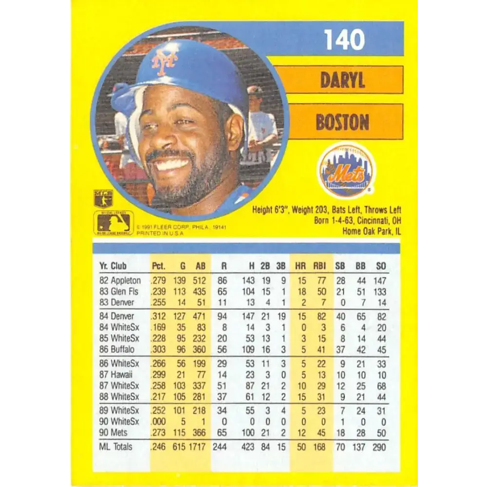 1991 Fleer #140 Daryl Boston NM-MT New York Mets Baseball Card - Baseball Card Single