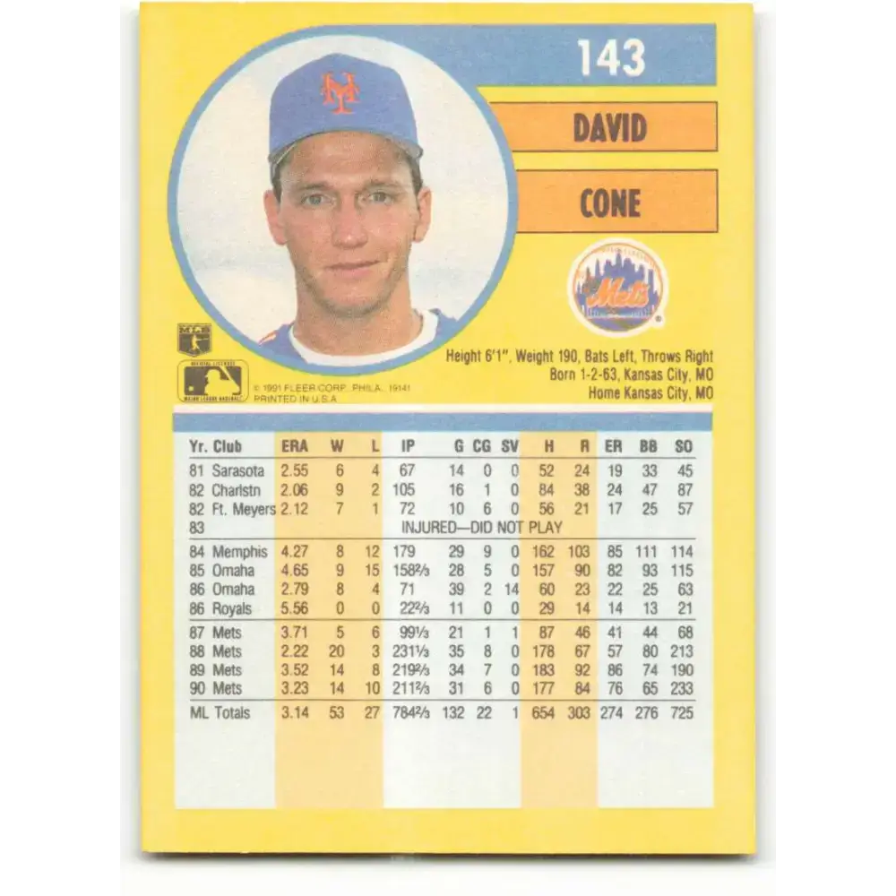 1991 Fleer #143 David Cone NM-MT New York Mets Baseball Card - Baseball Card Single
