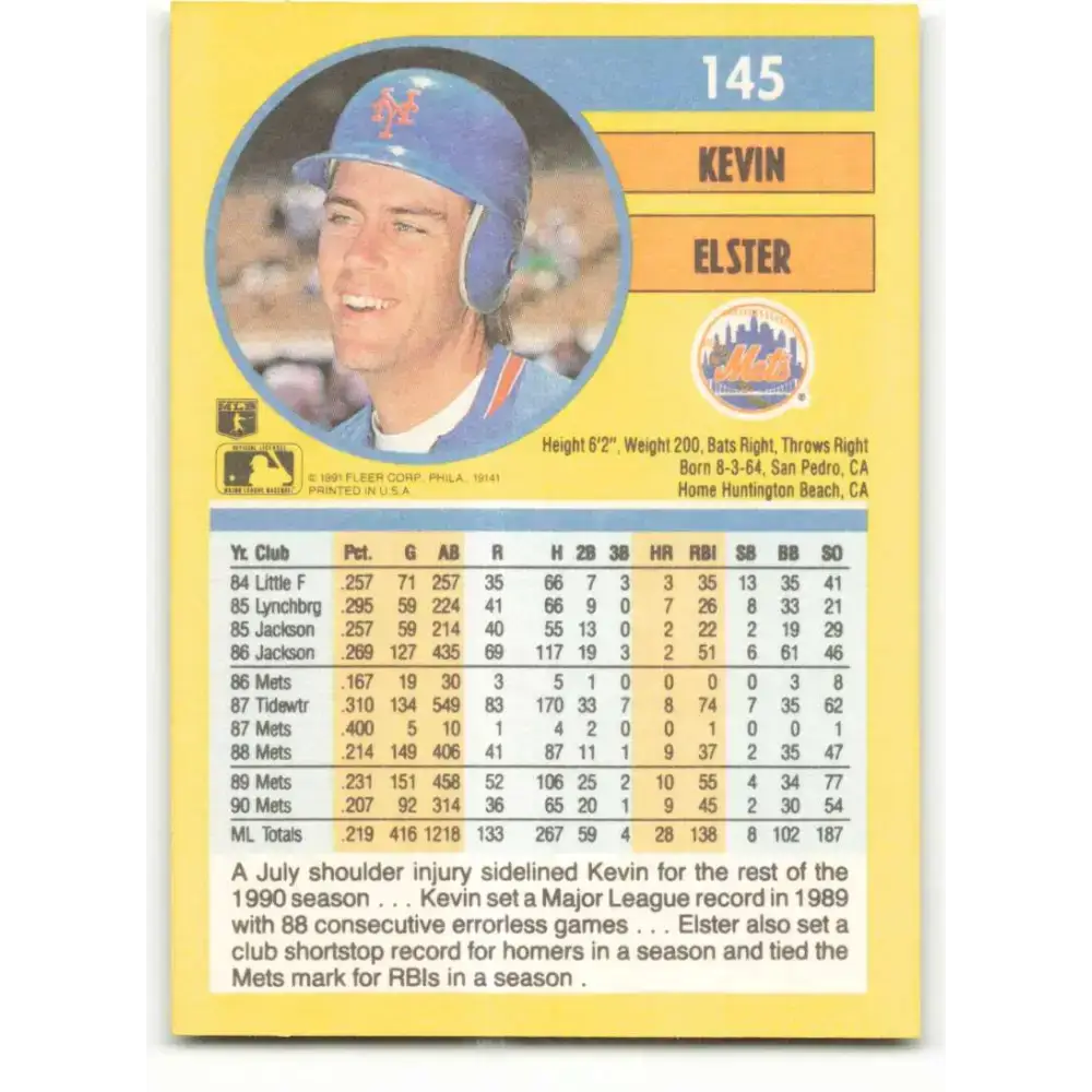 1991 Fleer #145 Kevin Elster NM-MT New York Mets Baseball Card - Baseball Card Single