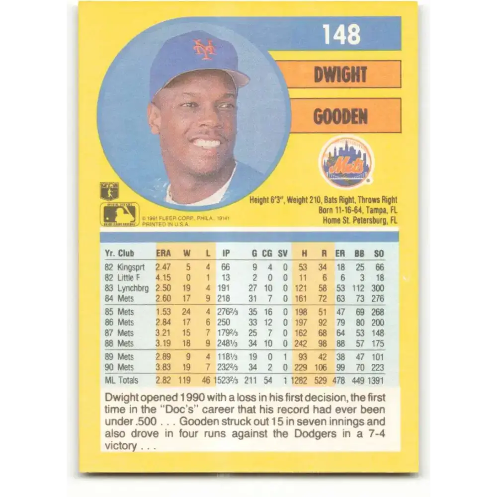 1991 Fleer #148 Dwight Gooden NM-MT New York Mets Baseball Card - Baseball Card Single