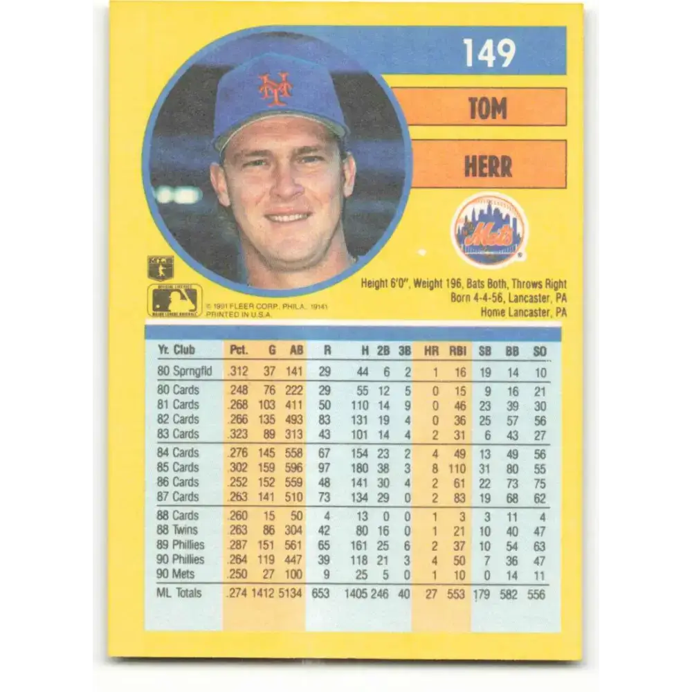 1991 Fleer #149 Tom Herr NM-MT New York Mets Baseball Card - Baseball Card Single