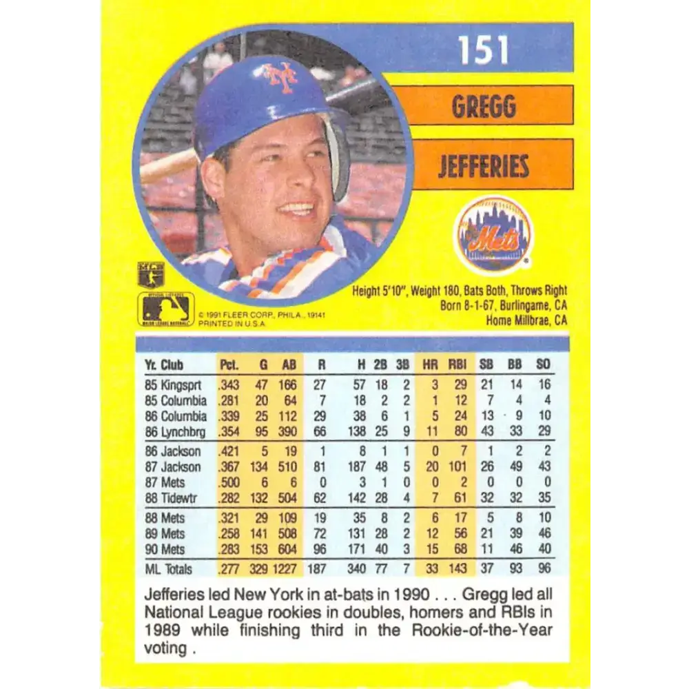 1991 Fleer #151 Gregg Jefferies NM-MT New York Mets Baseball Card - Baseball Card Single