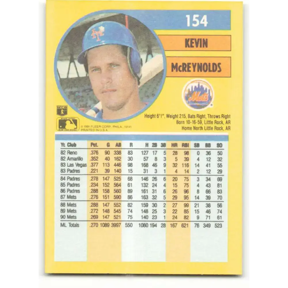1991 Fleer #154 Kevin McReynolds NM-MT New York Mets Baseball Card