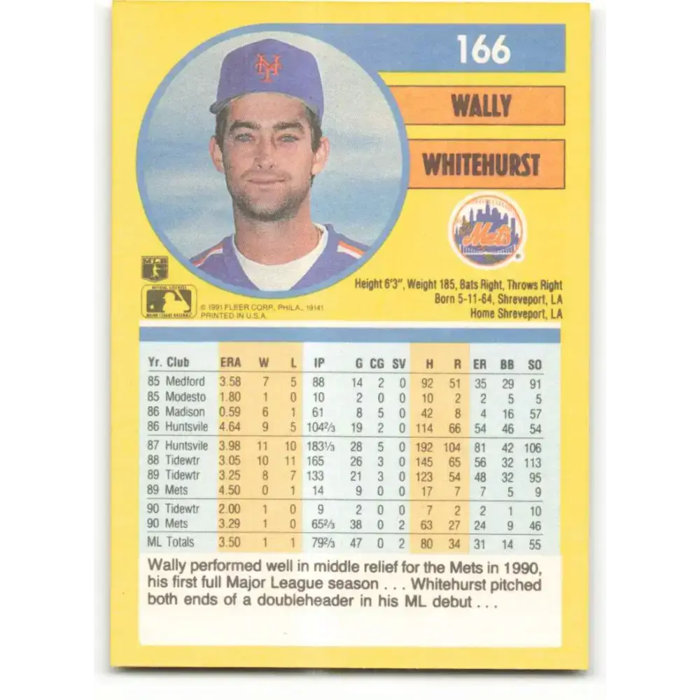 1991 Fleer #166 Wally Whitehurst NM-MT New York Mets Baseball Card - Baseball Card Single