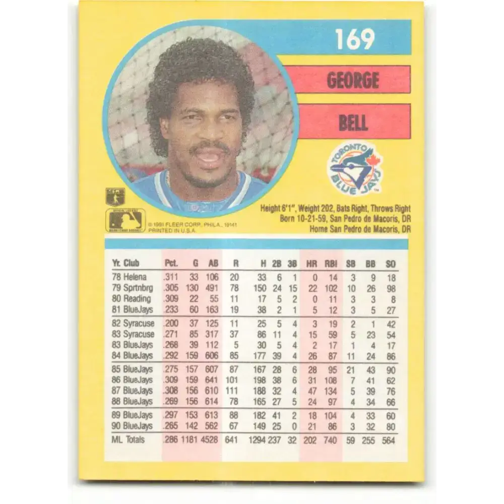 1991 Fleer #169 George Bell NM-MT Toronto Blue Jays Baseball Card - Baseball Card Single