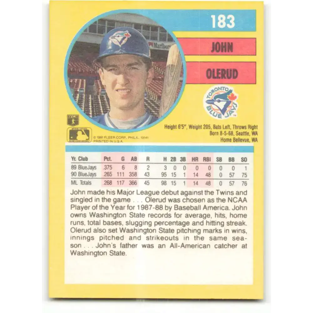 1991 Fleer #183 John Olerud NM-MT Toronto Blue Jays Baseball Card - Baseball Card Single