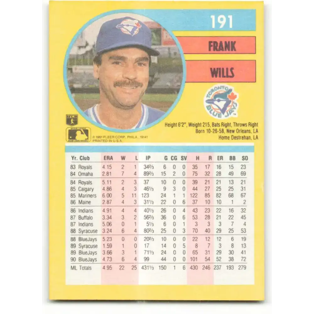 1991 Fleer #191 Frank Wills NM-MT Toronto Blue Jays Baseball Card - Baseball Card Single