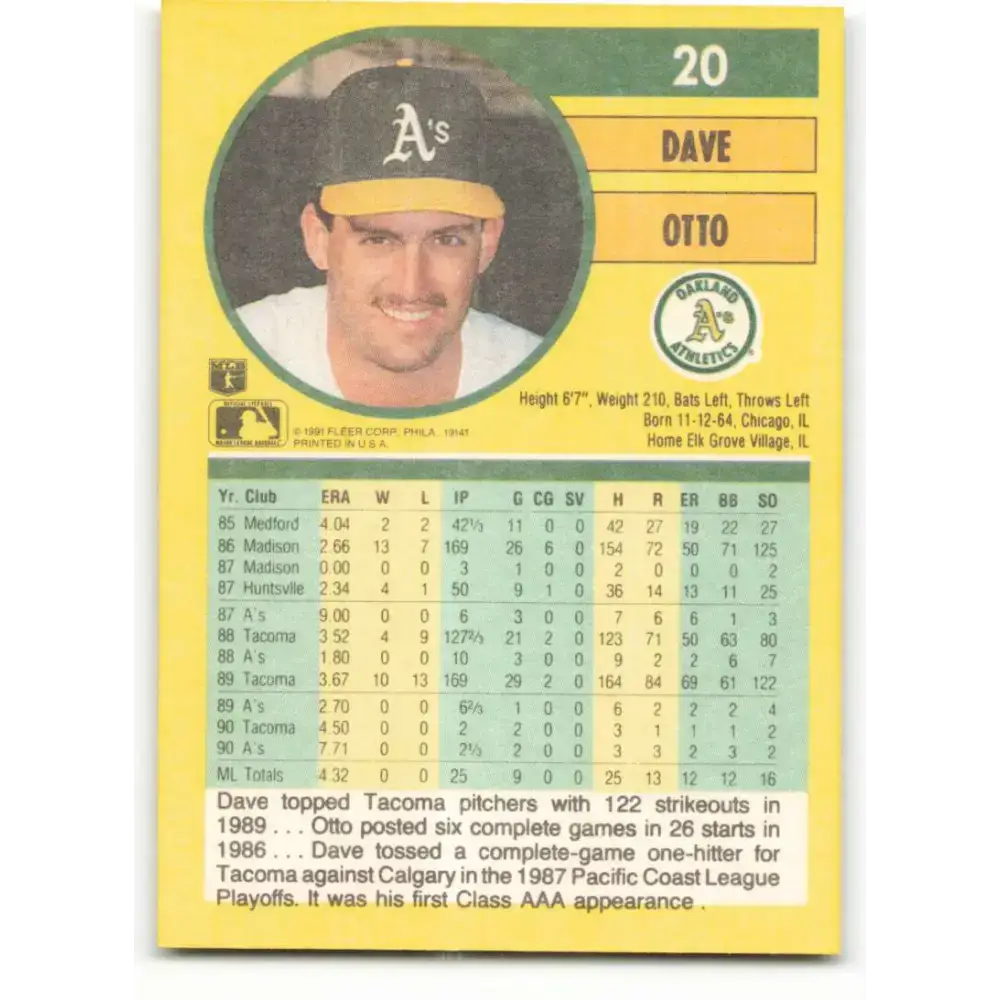 1991 Fleer #20 Dave Otto NM-MT Oakland Athletics Baseball Card - Baseball Card Single