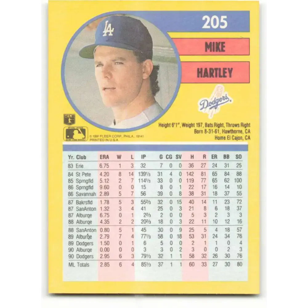 1991 Fleer #205 Mike Hartley NM-MT Los Angeles Dodgers Baseball Card - Baseball Card Single