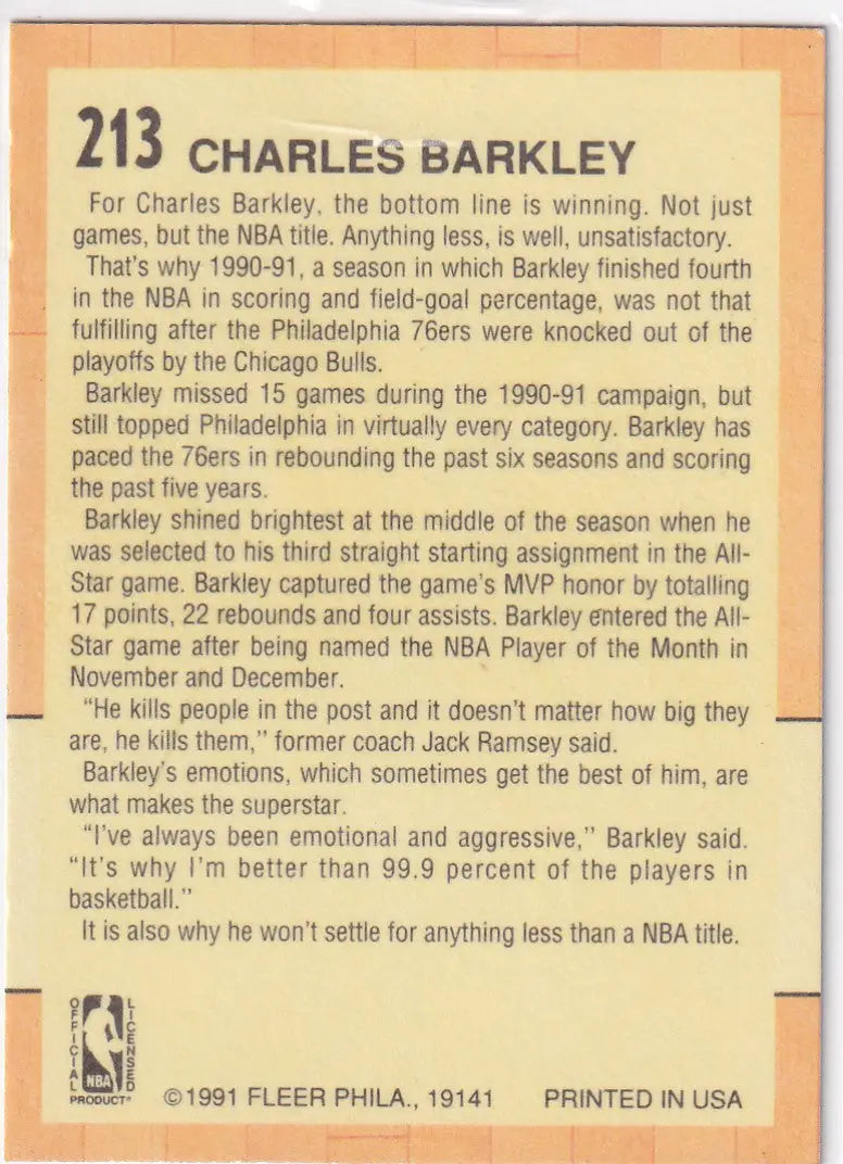 1991 FLEER #213 CHARLES BARKLEY ALL STAR TEAM- PHILADELPHIA 76ERS - Basketball Card Single