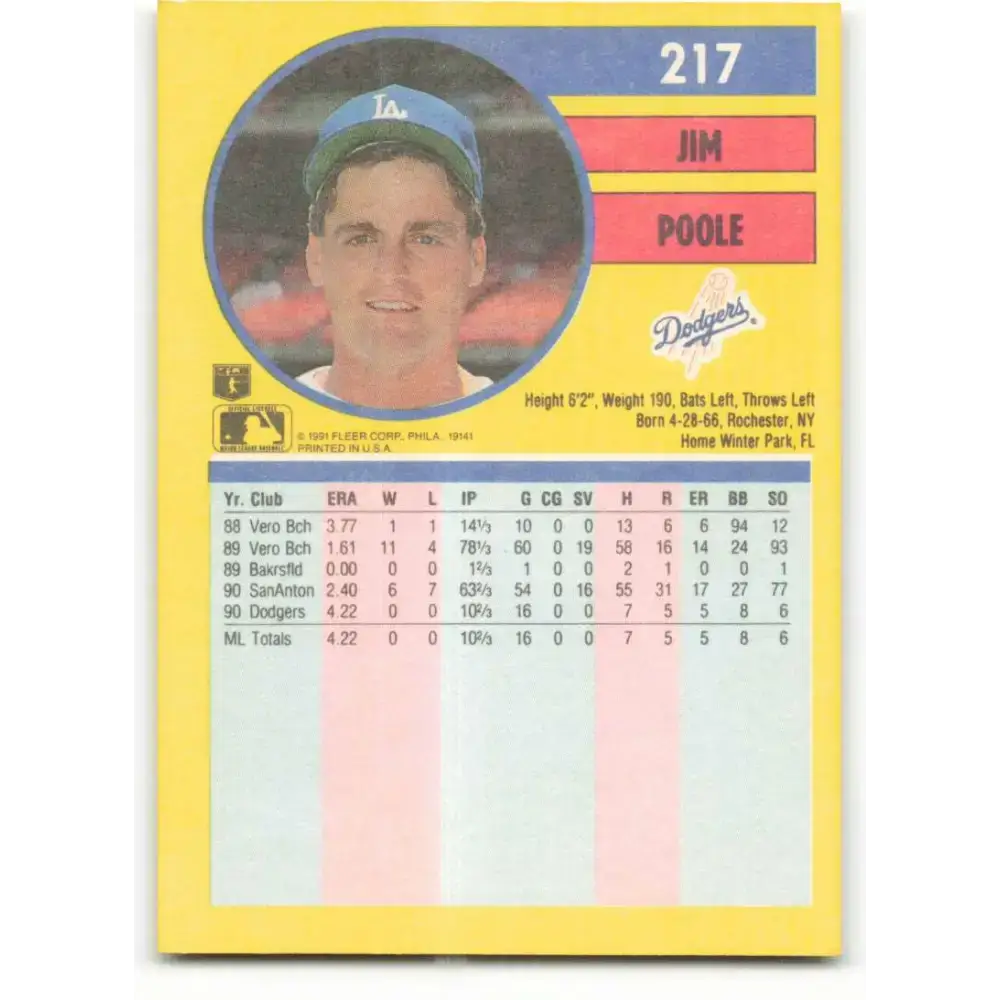 1991 Fleer #217 Jim Poole NM-MT Los Angeles Dodgers Baseball Card - Baseball Card Single