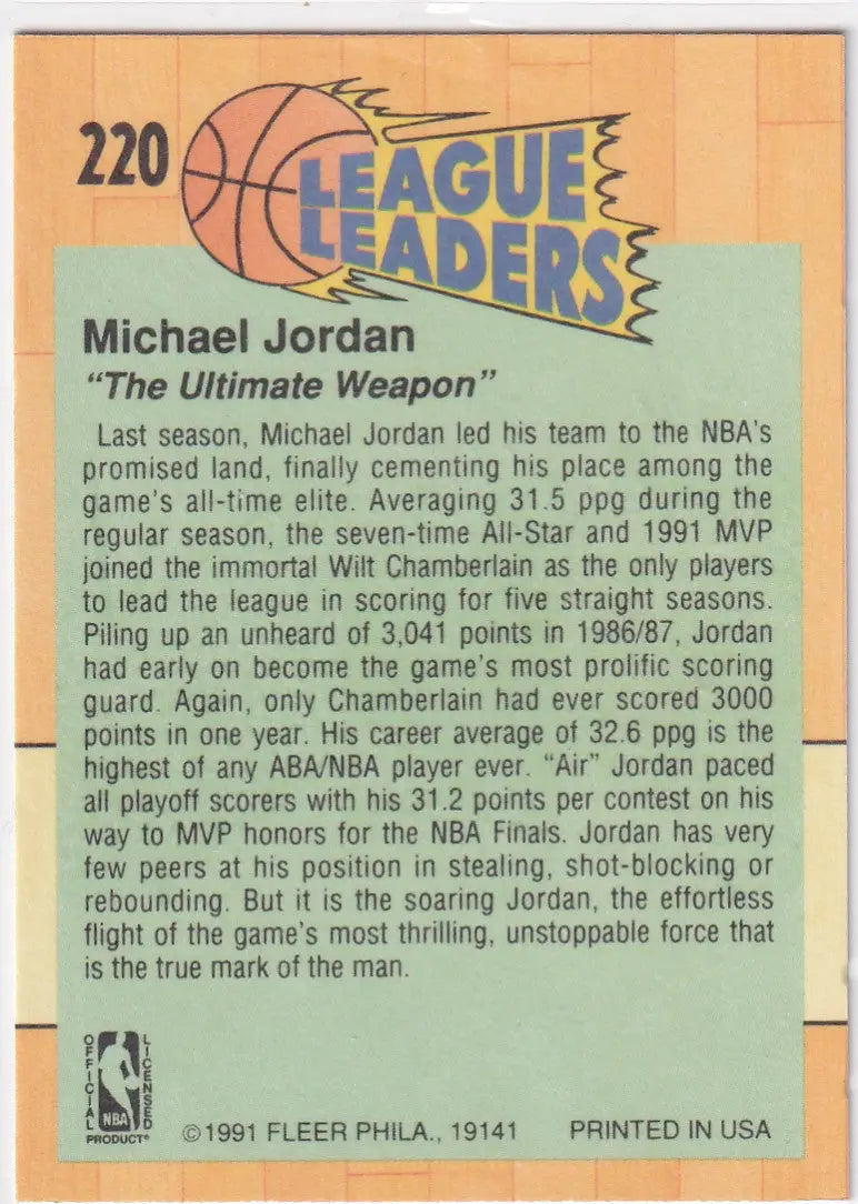 1991 FLEER #220 MICHAEL JORDAN LEAGUE LEADERS- CHICAGO BULLS