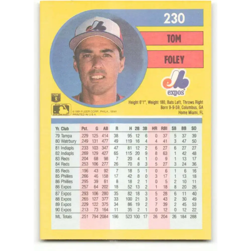 1991 Fleer #230 Tom Foley NM-MT Montreal Expos Baseball Card - Baseball Card Single
