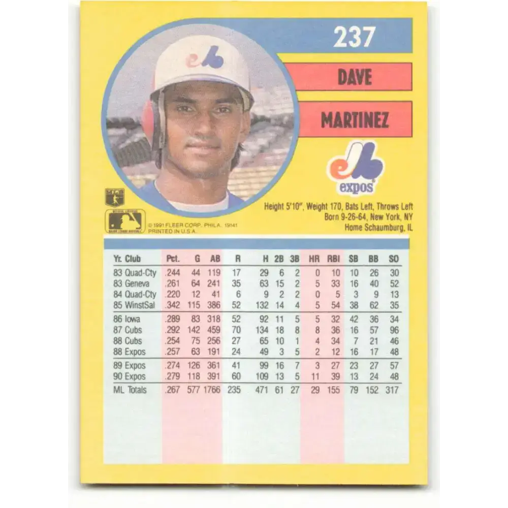 1991 Fleer #237 Dave Martinez NM-MT Montreal Expos Baseball Card - Baseball Card Single