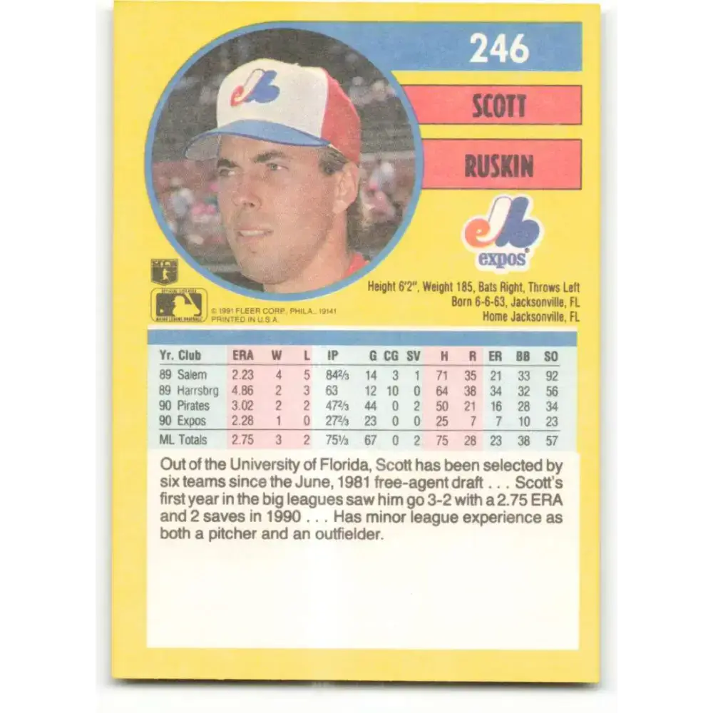 1991 Fleer #246 Scott Ruskin NM-MT Montreal Expos Baseball Card - Baseball Card Single